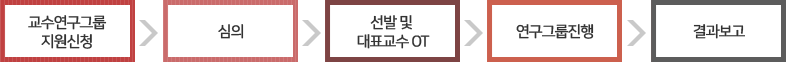 교수연구그룹지원신청 → 심의 → 선발 및 대표교수 OT → 연구그룹진행 → 결과보고